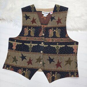 Vintage On The Verge Tapestry Vest Angels & Stars Print Christmas Women's Lg USA